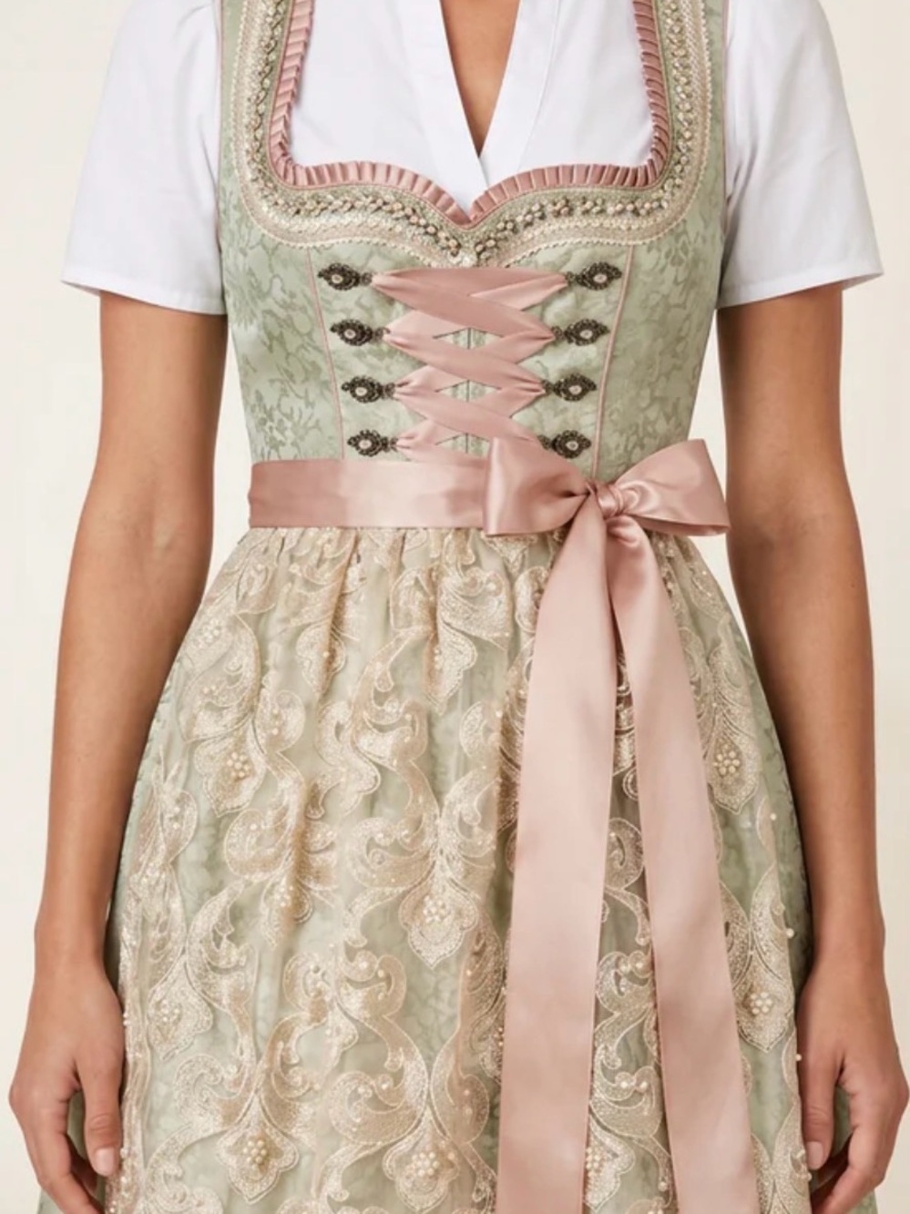 NWT Krüger Madl Sage Green Midi Dirndl with Pearl Embellished Apron
